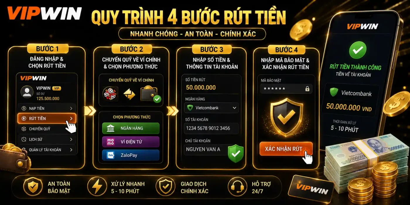 Rút Tiền VIPWIN – Quy Trình An Toàn Để Nâng Cao Trải Nghiệm 1 Giao dịch chuẩn cùng quy trình 4 bước rút tiền VIPWIN